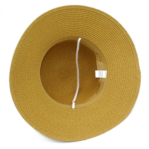 Elegant wide-brim yellow straw sun hat for women featuring a functional windproof strap