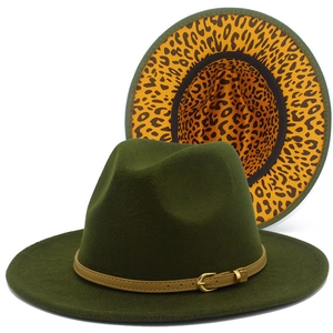 Detail view of military green wool fedora hat with leopard print lining and belt buckle