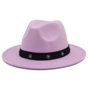 Elegant lavender wool fedora hat with a black decorative rhinestone flower band