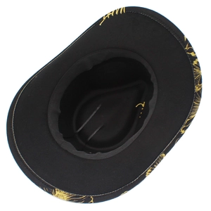 Internal view of black wool fedora featuring gold floral patterns and adjustable sweatband
