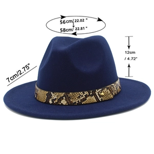 Dark blue fedora hat with snakeskin band and size chart 56-58cm head circumference