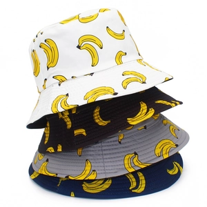 Baumwoll-Anglerhüte mit gelbem Bananenmuster in Weiß, Schwarz, Grau und Dunkelblau