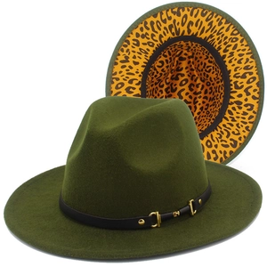 Detail of dark green wide brim fedora with gold buckle and leopard print lining