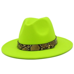 Detailed close-up of a neon green fedora hat featuring a snakeskin band with gold studs