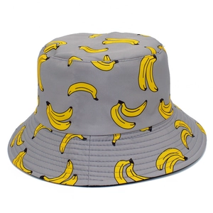 Dunkelgrauer Fischerhut aus Baumwolle mit gelbem Bananen-Print für Sonnenschutz im Sommer