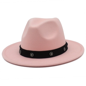 Detail of pink fedora hat featuring black ribbon band with sunflower rhinestone studs