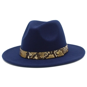 Classic navy blue wool felt fedora hat featuring a stylish snakeskin patterned band