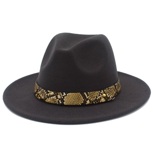 Detailed close-up of dark felt fedora hat featuring snake skin band and gold buckle
