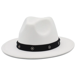 Elegant white wool-like fedora hat with black studded band and silver rivets detail