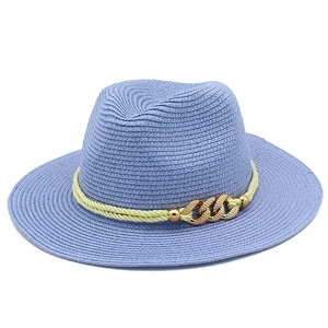 Lavender panama straw sun hat with woven yellow rope and golden chain for summer