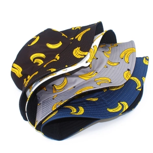 Baumwoll-Anglerhüte mit Cartoon-Bananendruck in Schwarz, Weiß, Grau und Marineblau