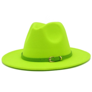 Detail of neon green wool fedora hat with matching thin leather strap and gold buckle