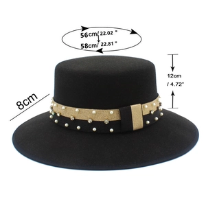 Detailed view showing hat dimensions: 8cm brim, 12cm crown height, 56-58cm circumference