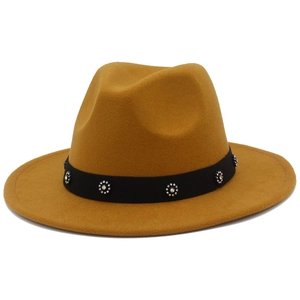 Detailed close-up of wide-brim wool felt fedora featuring rhinestone flower buckle trim