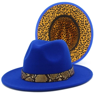 Royal blue wide brim fedora hat with snakeskin band and leopard print lining detail