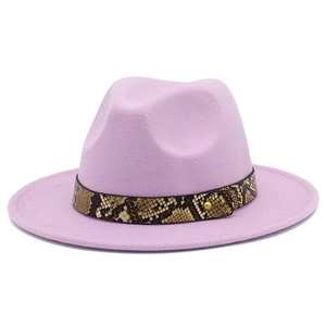 Close-up of lavender fedora hat with snakeskin band and metallic buckle detail
