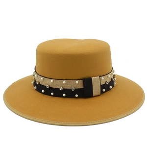 Vintage camel wool felt flat top boater hat with pearl and rhinestone ribbon for unisex