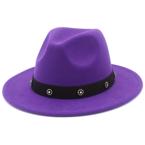 Detail of purple wool fedora hat with black band and floral rhinestone ornaments