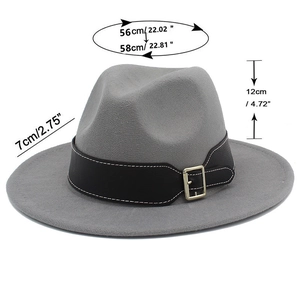 Gray fedora hat detail showing 56-58cm circumference, 12cm height, and 7cm brim size