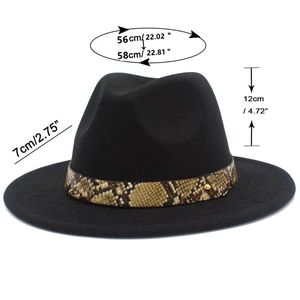 Detailed size chart for black fedora hat showing crown height and brim width