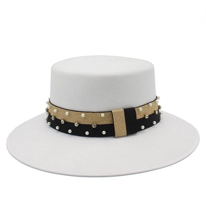 Elegant white wool felt boater hat with pearl and rhinestone gold glitter band decoration