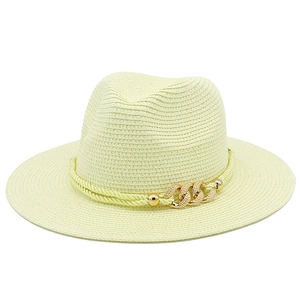 Detailed texture of straw Panama hat with golden rhinestone chain and woven band