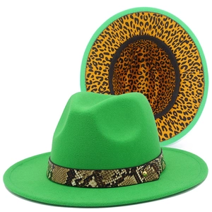 Green Fedora hat with snakeskin band and leopard print underbrim for outdoors