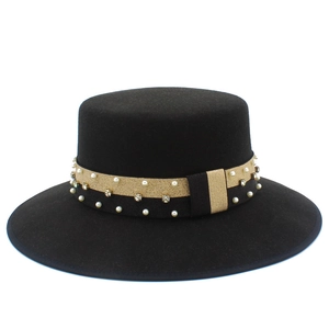 Vintage Flat Top Woolen Felt Boater Hat For Men Women Wide Brim Fedora With Artificial Pearl Rhinestone Ribbon Elegant Jazz Hat