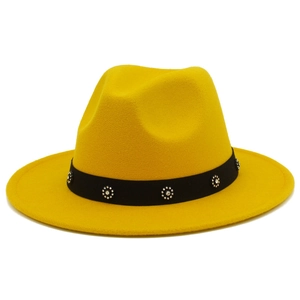 Bright yellow wool felt fedora hat for women and men featuring a black rhinestone band