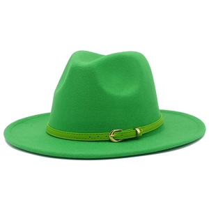 Detail of wool jazz hat featuring a bright green belt and golden horseshoe buckle
