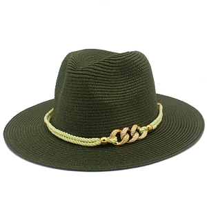 Detailed texture of olive green straw Panama hat with golden chain and beige rope trim