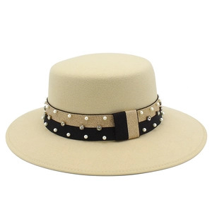 Beige vintage wool boater hat with pearl and rhinestone ribbon for men and women