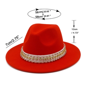 Detail view of red wool fedora with pearl mesh band and dimensions 56-58cm