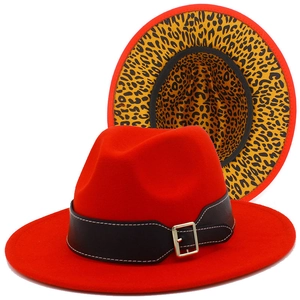 British Style Wide Brim Fedora Hat For Women Men Leopard Print Lining Woolen Felt Jazz Hat With Belt Buckle Winter Warm Hat