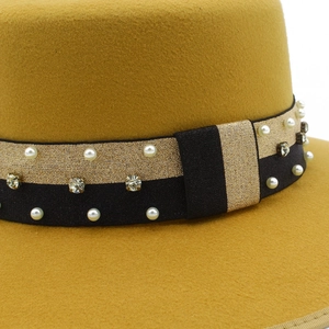 Retro flat top mustard wool felt hat with exquisite pearl and rhinestone woven band