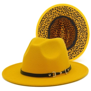 Classic yellow jazz fedora with black leather band and leopard print underbrim detail