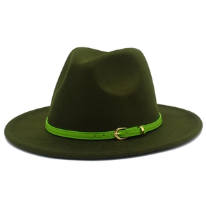 Detail of dark green wool fedora hat featuring a neon green leather belt and gold buckle