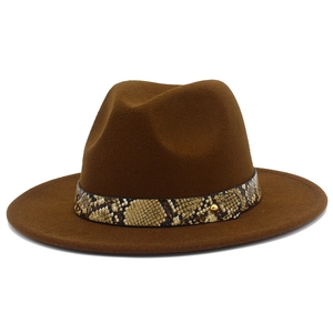 Detail of dark brown wool fedora hat featuring snakeskin leather band and gold rivet