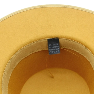 Detail view of cotton blend felt hat interior with wash label and inner sweatband