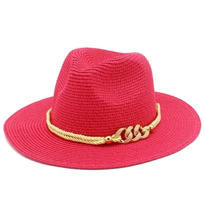 Detailed macro view of woven straw texture and decorative gold chain on sun hat