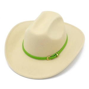 Vintage Women Men Cowboy Fedora Hat Cotton Blend Woolen Felt Jazz Hat With Contrast Neon Green Belt Gold Metal Buckle Wide Brim Outdoor Party Hat