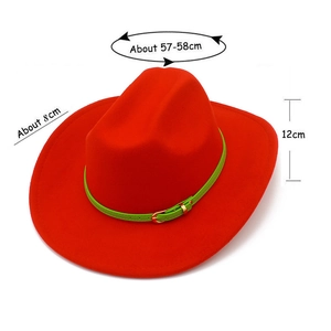 Detailed dimensions of the red western cowboy wool hat with green belt buckle