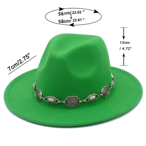Detailed size measurement of green fedora hat with vintage metal chain decoration