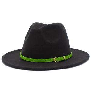 Detailed view of black wool fedora featuring a contrast green leather belt with gold buckle