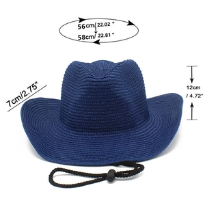 Dimensions détaillées du chapeau de cowboy en paille bleu marine avec bord de 7cm et cordon