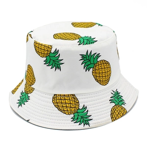 White cotton sun hat with all-over pineapple print for outdoor beach and leisure wear