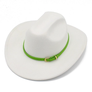 Close-up of white wool felt cowboy hat featuring a bright green leather band with gold buckle