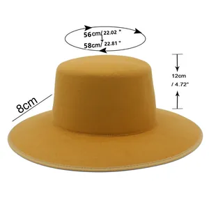 Detailed size guide for this mustard yellow wide brim felt boater hat showing dimensions