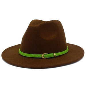 Close-up of wool felt jazz hat in dark brown with green leather belt and gold buckle