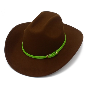Detail of dark brown wool cowboy hat featuring a vibrant neon green belt with gold buckle